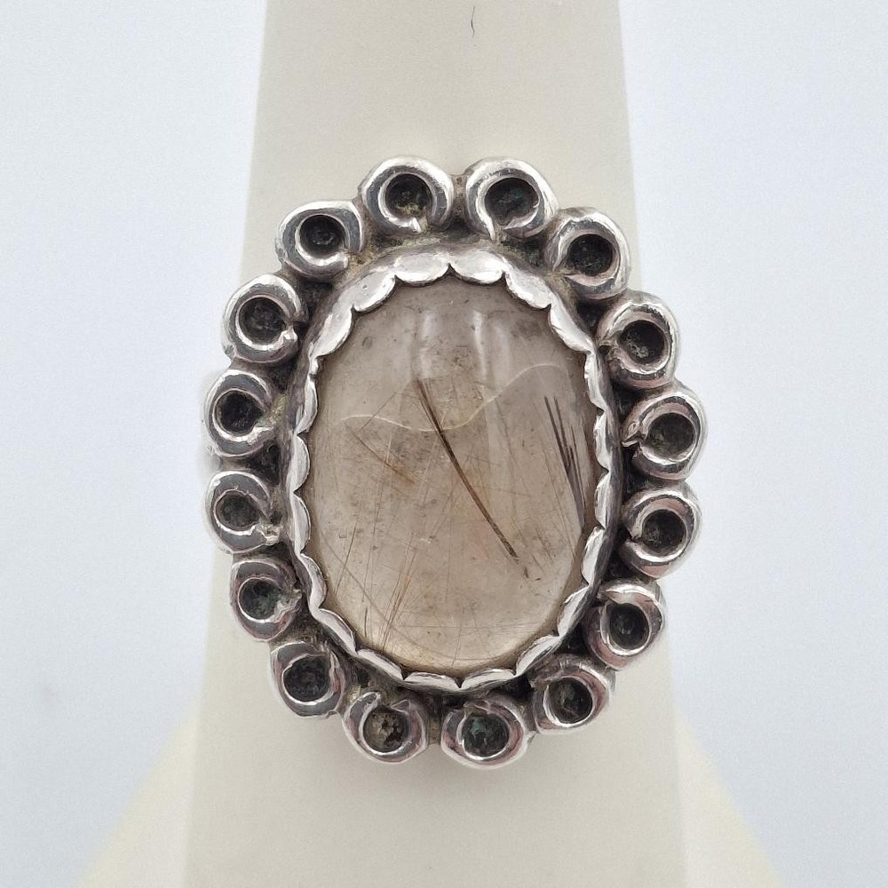 Vintage 925 Sterling Silver Oval Cabochon Rutilated Quartz Cocktail Ring sz 6.5