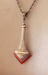 Vintage Necklace Art Deco Brass Pendant W/ Antique Red Carnelian Czech Glass