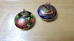 Vintage Cloisonne Flower & Butterfly Superb Pendants Gold Fill Lining Enamel GT