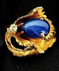 VINTAGE 14K GOLD BLUE STAR SAPPHIRE CABOCHON DIAMOND RING STUNNING!
