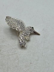 Vintage HummingBird In Flight Brooch Pin Silver Tone Rhinestones With Green Eye