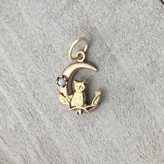 Victorian Owl and Opal Crescent Moon Pendant, Antique Gold Charm