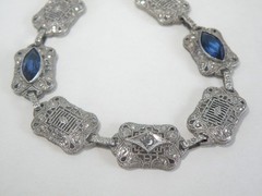 Art Deco Sterling Silver Sapphire Paste Filigree Station Antique Bracelet 7.5″