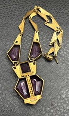 Vintage Art Deco Faux Amethyst Glass Gold Tone Ornate Chain Statement Necklace