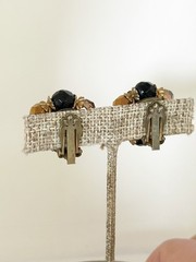Vintage Bead Cluster Clip on Earrings Gold tone Brown Black Beads Mid Century