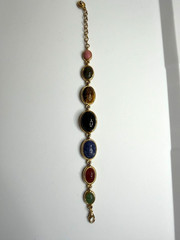 Vintage Multi Gemstone Egyptian Revival Scarab Link Bracelet Mid-Century Rainbow
