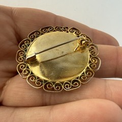 Vintage Micro Mosaic Floral Green Yellow Red Round Brooch Pin Italy