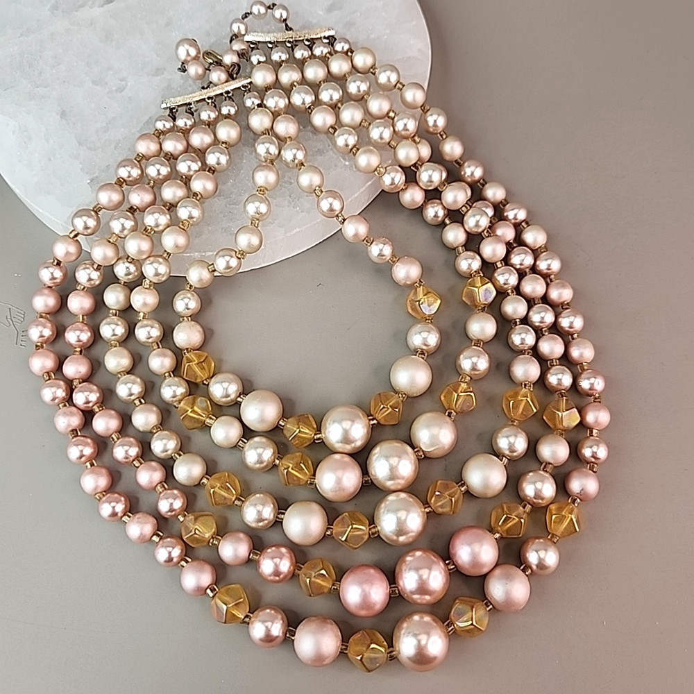 Vintage Faux Pearl Beaded Necklace Cream Pink Acrylic AB Yellow Glass Japan 16″