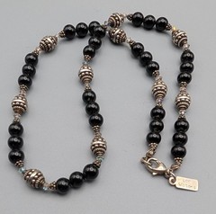 Lori Waters Black Onyx Bead Necklace Sterling Look Crystal Artisan 18″ Signed