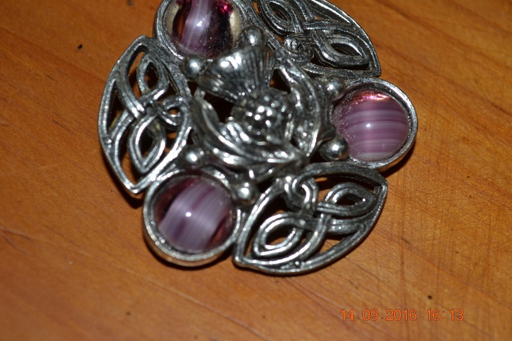 Vintage silver plated? pewter? Celtic Brooch with genuine stones