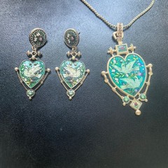 Vintage Heart Bird Jewelry Set Necklace Earrings Gold Victorian Gift Women