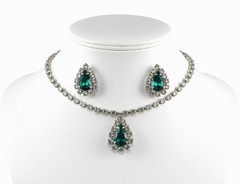Vintage Rhinestone Choker Neckace/Earrings Set Green Teardrop Silver Tone Bridal