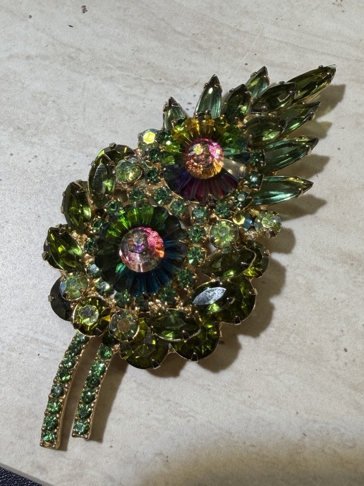 Vintage Juliana DeLizza Elster Green Rhinestone Floral Brooch Watermelon Rivoli