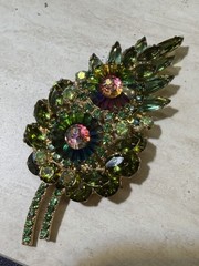 Vintage Juliana DeLizza Elster Green Rhinestone Floral Brooch Watermelon Rivoli
