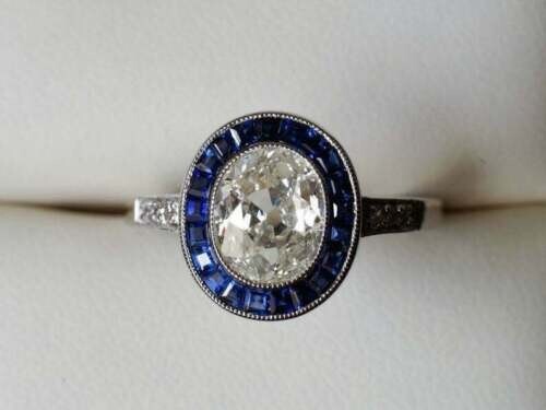 Art Deco Style Lab Created Diamond & Sapphire Engagement 14K White Gold FN Ring