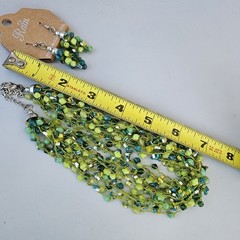 VTG Rain Beaded Necklace Multi Strand Cluster Hook Earrings Set Silver Green Lot