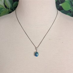 Vintage Blue Opal Sterling Pendant on Chain Oval Faux Diamond Accent Dainty 925