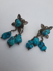Antique Vintage Chinese Export Turquoise 800 Silver Filigree Earrings Chandelier