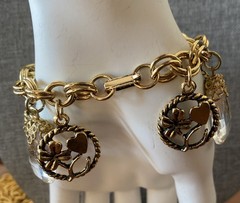 Vintage Gold Tone Good Luck Charm Bracelet Heart Four Leaf Clover Wishbone