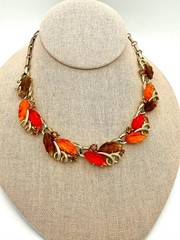 Mid Century Jelly Lucite Lisner autumn leaves and rhinestone choker 16″ adj.