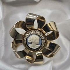 Vintage Unsigned Cameo Brooch Rhinestone Goldtone Flower Ribbon