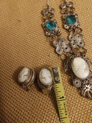 Vintage Cameo Blue Glass Silver Necklace 22″ and Italian earrings marked GM