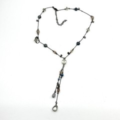 Vintage Y2K Gunmetal Blue Beaded Y-Necklace Tassel Drop Boho Aesthetic Classic