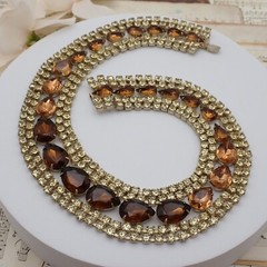 Vintage Statement 5 Row Golden Brown Pear Rhinestone 15″ Gold Tone Necklace