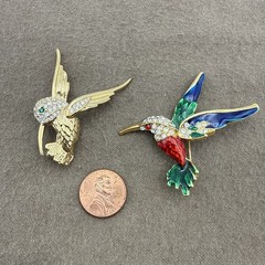 Vintage Hummingbird Pins Brooches Jewelry Enamel Rhinestones Gold Tone Set of 2
