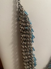 Vintage Fringe Aqua Blue Glass Bead Chainmail Bib Statement Silvertone Necklace