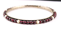Elegant Vintage Garnet 🫧Pearl Bead Bangle Bracelet 7″ Med Silver Plated