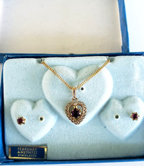 Vintage February Amethyst Gold Tone Heart Necklace & Stud Earrings Set in Card