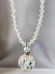 CZECH AURORA BOREALIS CRYSTAL BALL w CRYSTAL CHAIN PENDANT NECKLACE☆FILIGREE CAP