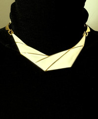 Vintage MONET Asymmetrical Ivory Enamel Gold-Tone Bib Collar Statement Necklace