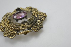 Vintage Brooch Czech Style Brass Floral large Glass Stone wear rehab T14