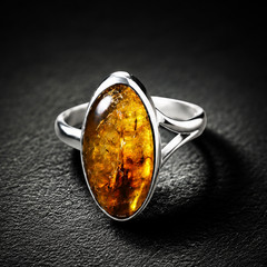 Fine Rare Orange Brown Amber 925 Sterling Silver Maquise Ring US#7.5