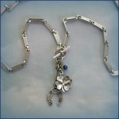 Vintage Sterling Silver Enamel Filigree Horseshoe & Four Leaf Clover Lucky Neckl
