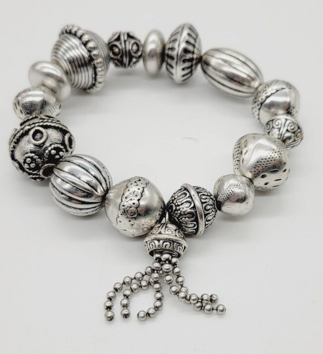 Art Deco Stretch Bracelet Beaded Textured Silver tone One Size Runway OSFM