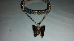 Vintage Butterfly Charm Necklace Korea & Antique Silver Rhinestone Bracelet Set