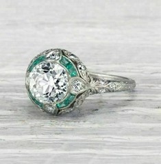 Art Deco Round Lab Created Diamond & Emerald Wedding 14Ct White Gold Finish Ring