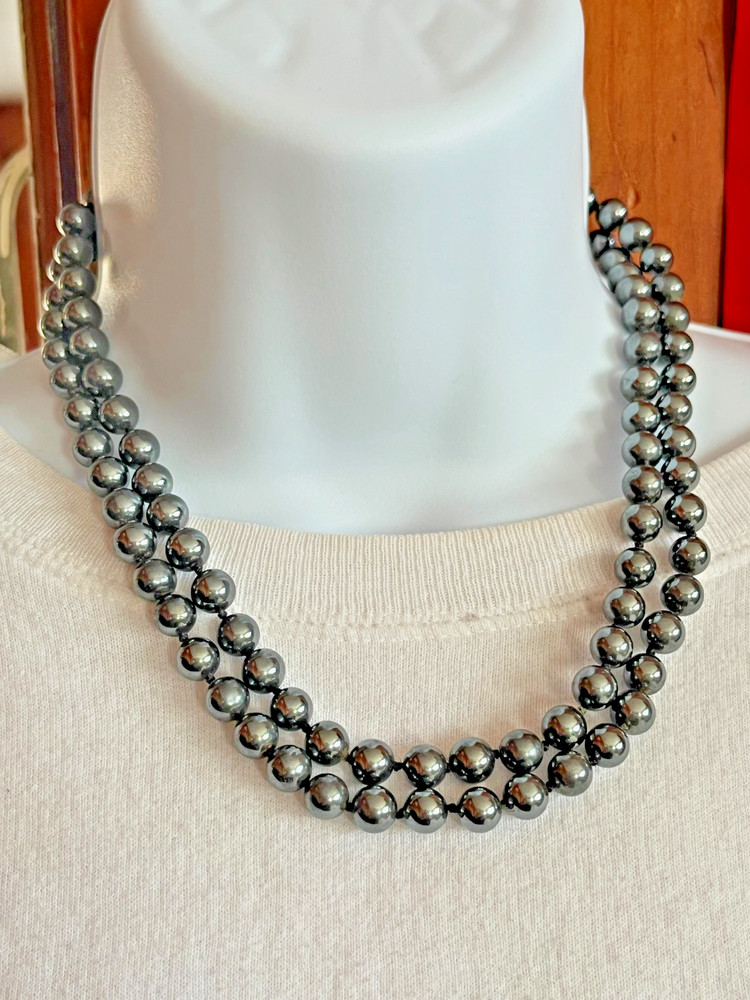 Hematite Vintage 36” Round Beaded Necklace Vintage 80s Semi-Precious Stones