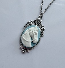 Horse Cameo Necklace, White/Blue, Victorian Vintage Style Antique Silver Pendant