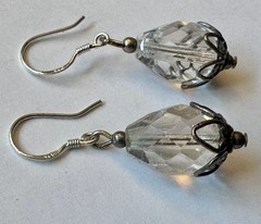 VINTAGE FACETED CLEAR TEARDROP GLASS with Beadcaps 7/8 of 1 earrings