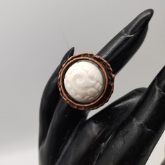 Adjustable Brutilist Style Copper Plated Ring w Vintage Opalescent Carved Stone