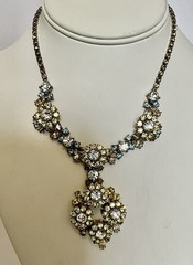 Vintage Signed Trifari Necklace Yellow Blue Clear Gray Rhinestones Flower Drop