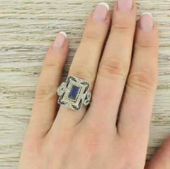 Art Deco Vintage Style Lab Created Sapphire 14K White Gold FN Engagement Ring