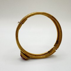 Vintage Victorian Revival Heart Bangle Bracelet Red Glass Gold Tone Hinged TINY*