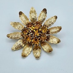 Flower Brooch Honey Rhinestone Filigree Leaves Floral Statement Vintage Pin