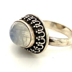 Vintage Signed 925 India Large Oval Moonstone Cabochon Solitaire Bezel Ring sz 8