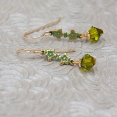Vintage Style Gold Floral Green Crystal Earrings, Gift for Her, Daughter